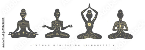Set of meditating woman silhouettes with outer space, universe, sun, moon, stars and planets inside. Vector illustration