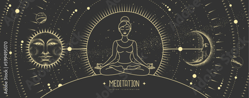 Silhouette of meditating young woman. Sun and moon sign with human face on outer space background. Day and nignt. Vector illustration