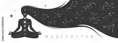 Silhouette of meditating woman with zodiac constellations inside long hair. Set of Zodiac signs. Vector illustration