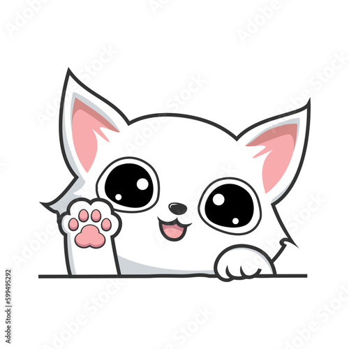 White Cat Kawaii Waving Paws Hand - Cute White Pussy Cat Cartoon