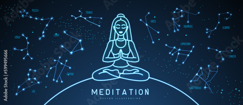 Neon silhouette of meditating woman with neon zodiac constellations in the night sky. Set of Zodiac signs. Vector illustration