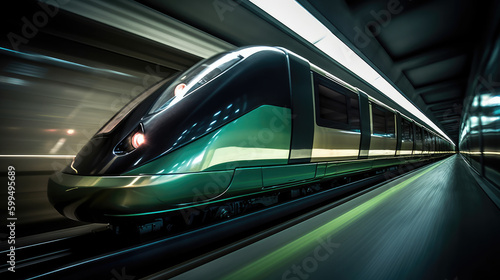 Modern high-speed train in motion. Generative AI