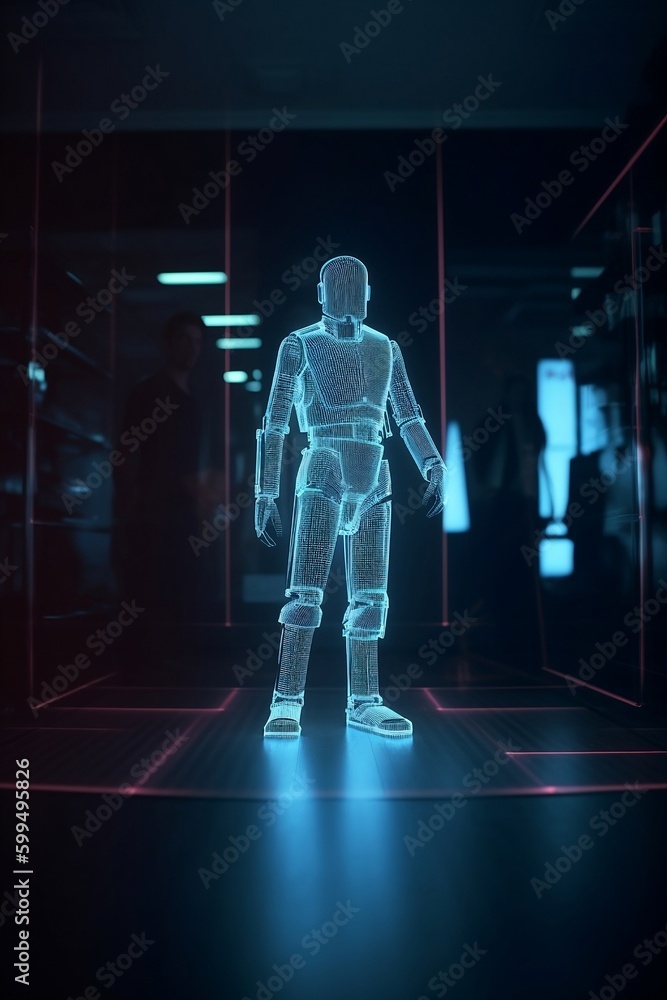Scientists studying a hologram of a robot Scientists studying a hologram of a robot