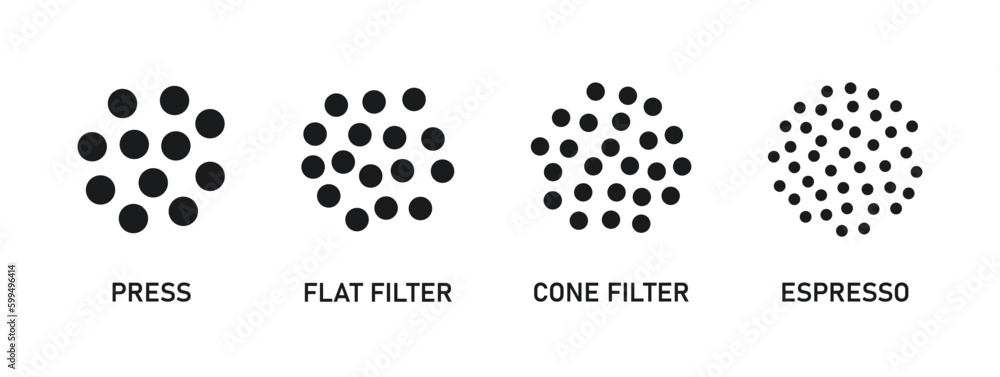 Coffee grain grind size. Ground coffee beans. Extra, fine, medium, coarse grinding degree icons. Espresso, press, flat and cone filter. Vector illustration isolated on white background. Coffee grain grind size. Ground coffee beans. Extra, fine, medium, coarse grinding degree icons. Espresso, press, flat and cone filter. Vector illustration isolated on white background.