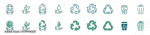 Ecology, recycle, a hand with plant, water, and trash care icon collection green element recycling symbol