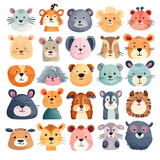 big animal set 6, cute faces, hand-drawn characters