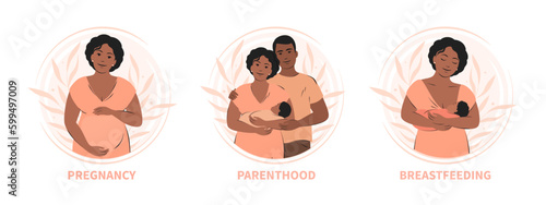 Set of pregnancy, breastfeeding and motherhood concept illustrations. Woman feeding baby, parents with child. Vector illustration.