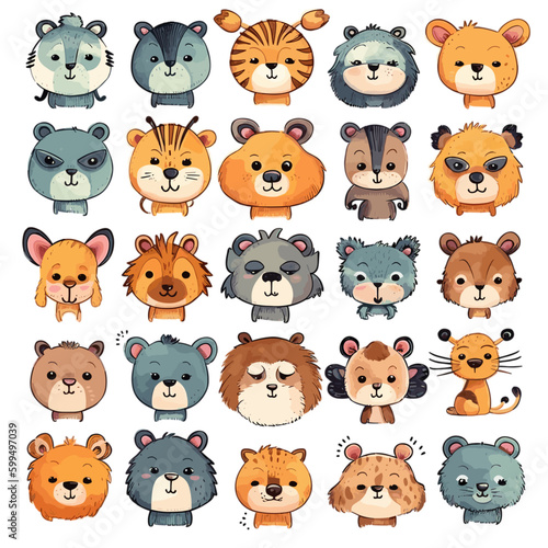 big animal set 8, cute faces, hand-drawn characters