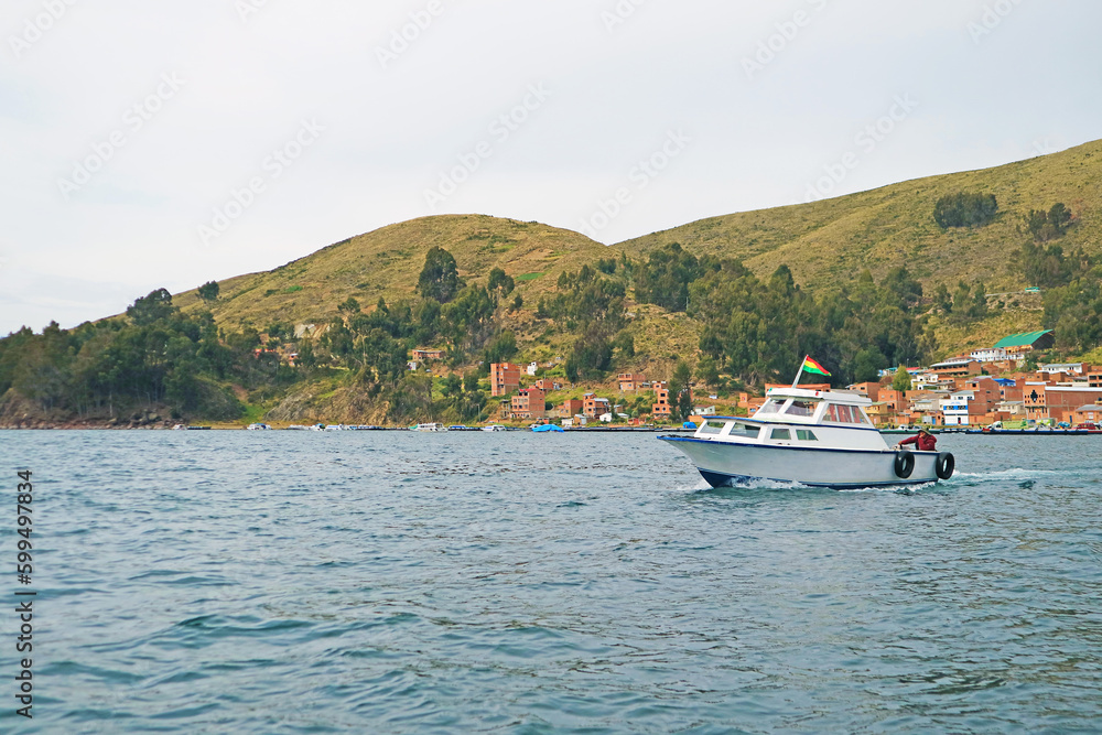 Boat Running on Lake Titicaca, the Highest Navigable Lake in the World, Copacabana Town, Bolivia, South America