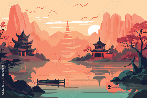 Oasis of Tranquility: A Light Orange and Light Cyan Illustration of a Temple by the Lake