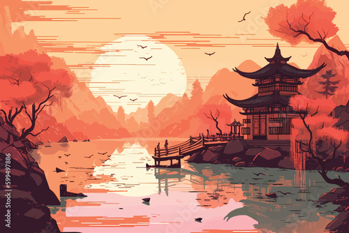 Calm Abode: A Lightly Illustrated Temple on the Shore of a Serene Lake