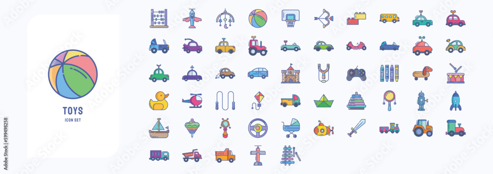 Fototapeta premium A collection sheet of linear color icons for Toys, including icons like Abacus, Airplane, Ball, Basketball and more