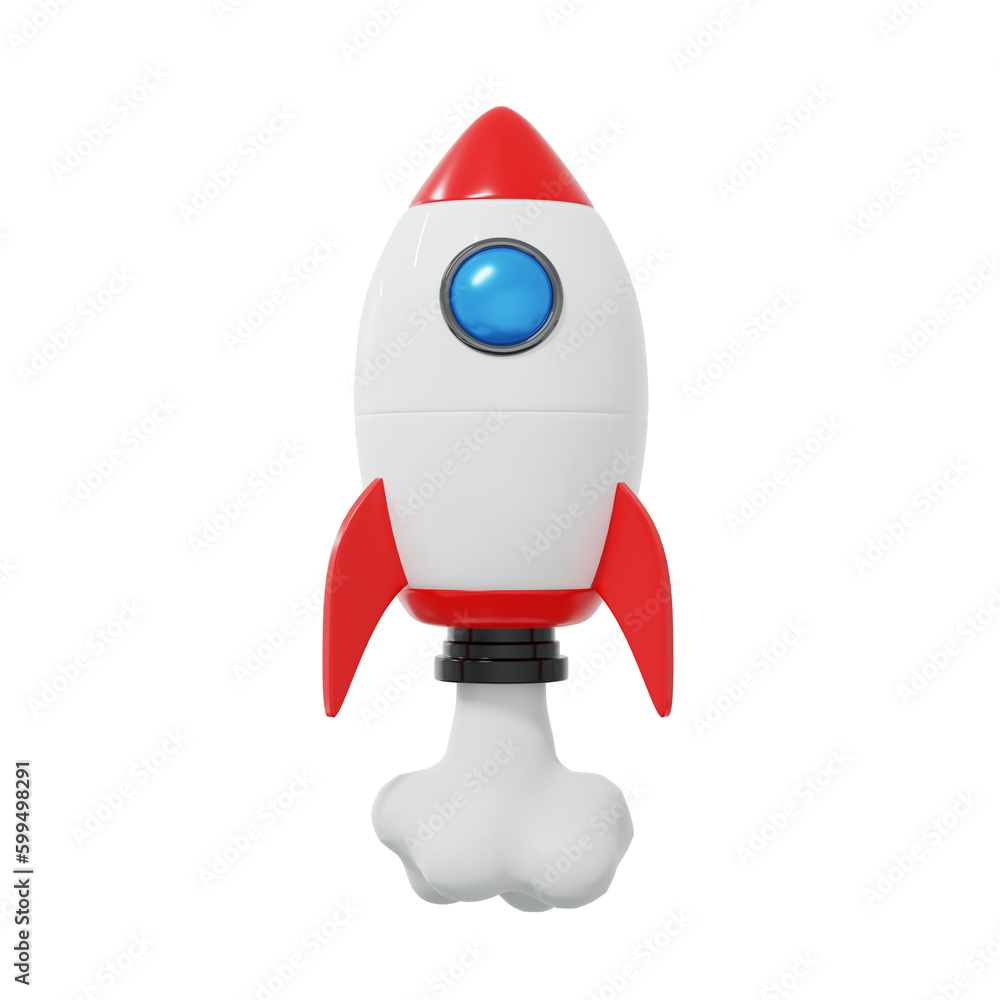 3d cartoon red rocket launch element isolated on white background. 3d