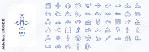 A collection sheet of outline icons for Toys, including icons like Abacus, Airplane, Ball, Basketball and more