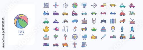 A collection sheet of linear color icons for Toys, including icons like Abacus, Airplane, Ball, Basketball and more