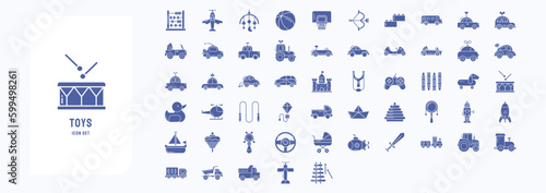 A collection sheet of solid icons for Toys, including icons like Abacus, Airplane, Ball, Basketball and more