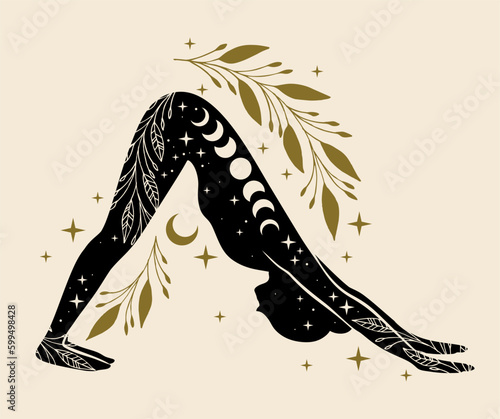 Boho magic woman mystical symbol holistic healing meditation reiki new age concept modern abstract silhouette. Yoga asana adho mukha shvanasana. Cute women doing exercises. Vector astrology
