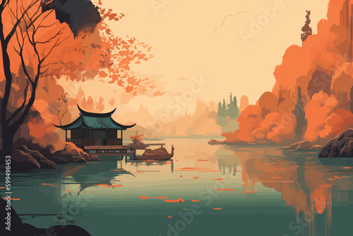 Peaceful Waters: A Lightly Illustrated Lake with a Temple in View