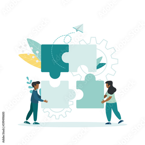 Business concept. Team metaphor. People connecting puzzle pieces. Vector illustration flat design style. Symbol of teamwork, cooperation, partnership vector.
