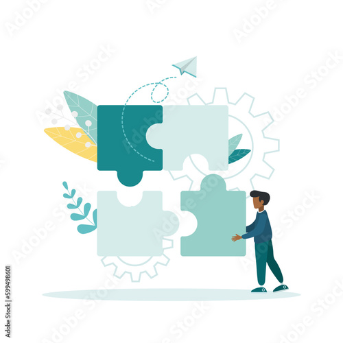 Business concept. Metaphor of a guy connecting puzzle pieces. Vector illustration flat design style. Business management is the right approach.
