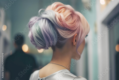 Pastel colored hair in elegant updo hairstyle. Generative AI illustration
