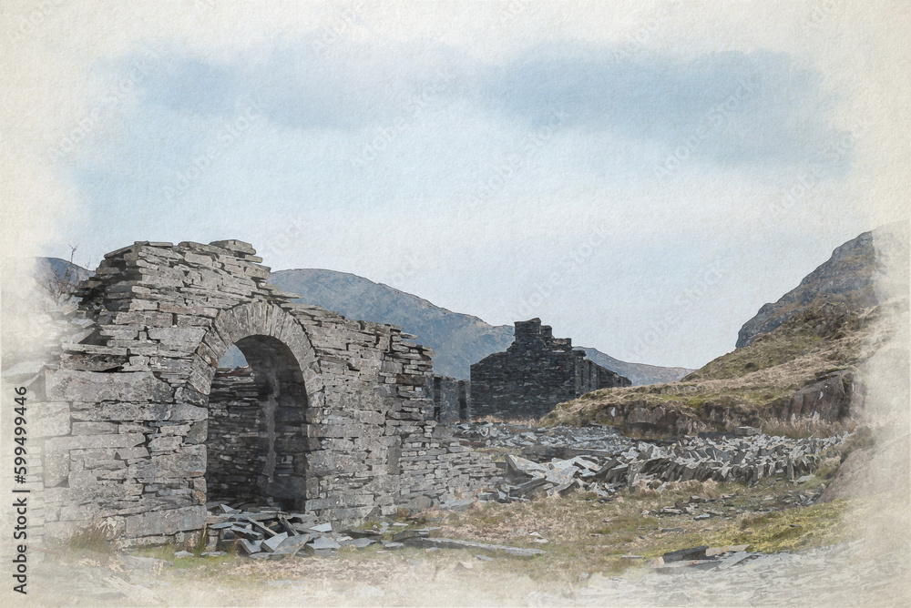 Fototapeta premium Cwmorthin Terrace and Rhosydd Slate Quarry digital watercolour painting, Blaenau Ffestiniog.
