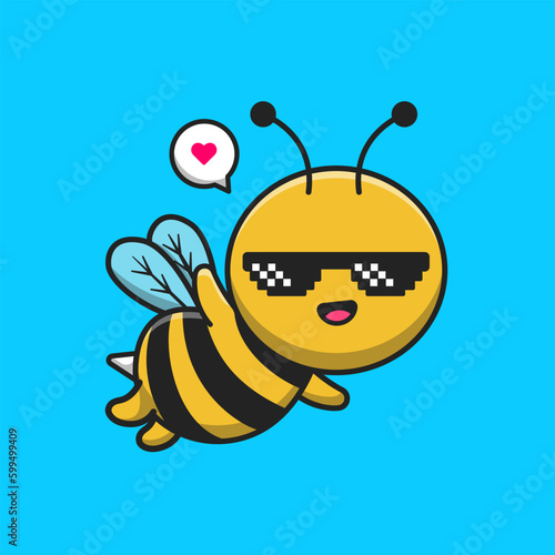 Cute Cool Bee Wearing Glasses Cartoon Vector Icon Illustration. Animal Nature Icon Concept Isolated Premium Vector. Flat Cartoon Style