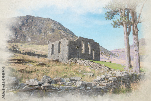 Cwmorthin Terrace and Rhosydd Slate Quarry digital watercolour painting, Blaenau Ffestiniog. photo