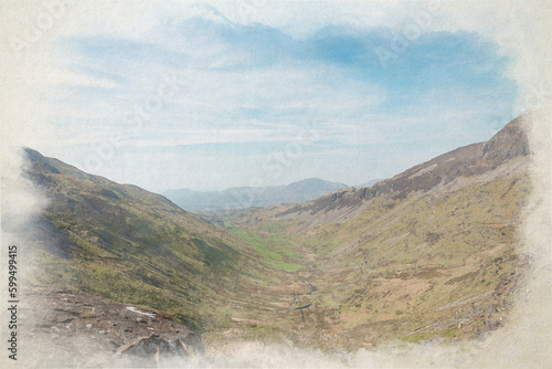A digital watercolour painting of Cwm Croesor from Cnicht, Gwynedd, Wales.