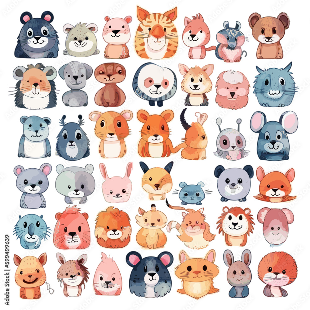 big animal set 14, cute faces, hand-drawn characters