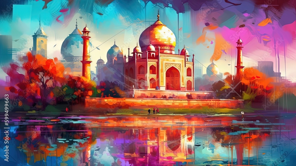 Obraz premium illustration of dome masjid with beautiful nature landscape, Generative Ai