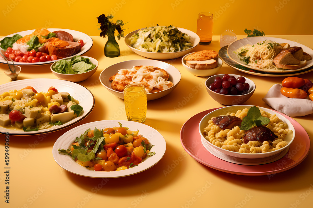 Variety of lunch served on plates, isolated, generative AI