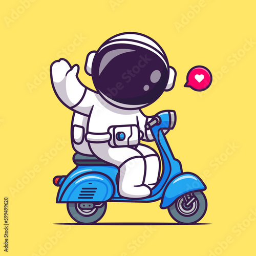 Cute Astronaut Waving Hand On Scooter Cartoon Vector Icon Illustration. Science Transportation Icon Concept Isolated Premium Vector. Flat Cartoon Style