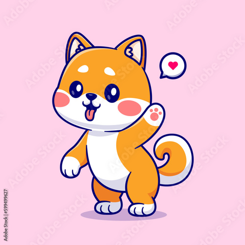 Cute Shiba Inu Standing And Waving Hand Cartoon Vector Icon Illustration. Animal Nature Icon Concept Isolated Premium Vector. Flat Cartoon Style