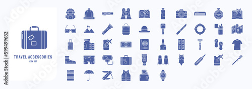 A collection sheet of solid icons for  Travel accessories, including icons like Backpack, Beanie, Book, Camera and more