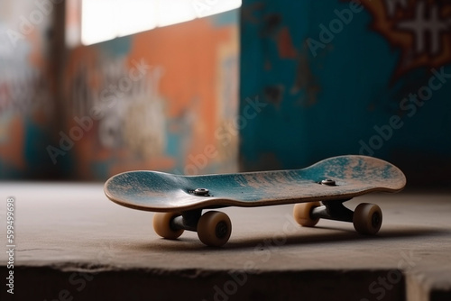 A skateboard resting on a concrete ledge at a skatepark. generative AI