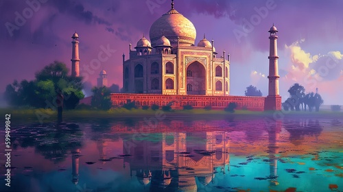 illustration of dome masjid with beautiful nature landscape, Generative Ai