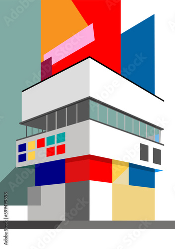 Edificio Bauhaus con formas geométricas colores llamativos y elementos de decoración para el hogar, retro poster abstracto y geométrico de bauhaus