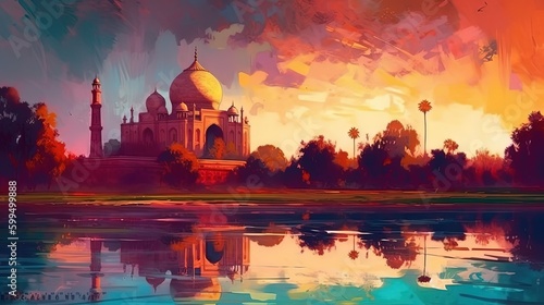 illustration of dome masjid with beautiful nature landscape, Generative Ai