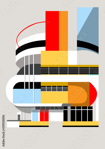 Vector geométrico de casa con colores de estilo Bauhaus, retro poster con figuras geométricas para decoración, fondo de pantalla o portada de libro estilo Bauhaus.