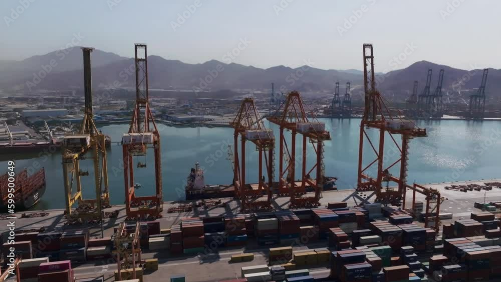 Colima Port Container Cargo Ship With Industrial Crane Bridge In Manzanillo Port ...