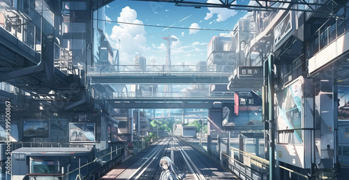 Wallpaper Mural Anime style railway station,created with Generative AI tecnology. Torontodigital.ca