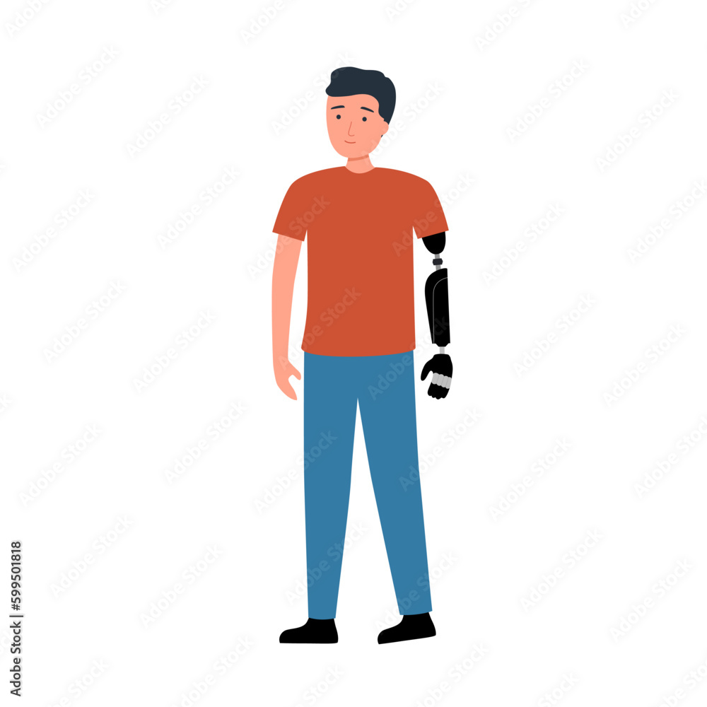 Man with prosthetic arm is standing in flat design on white background.
