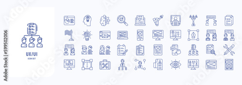 A collection sheet of outline icons for UX UI and web, including icons like Analytics, brainstorming, Coding, Feedback, Innovation and more
