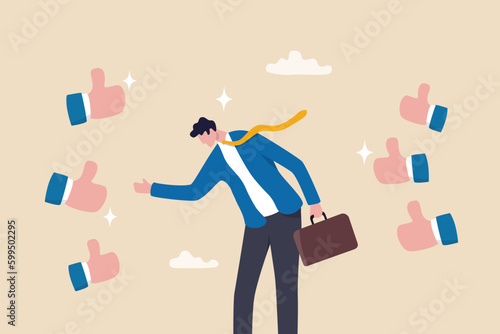 Appreciate or acknowledge coworker, respect or honor for great people, admiration or thank you, gratitude concept, businessman respected by colleagues giving thumbs up for his help and success Fototapeta