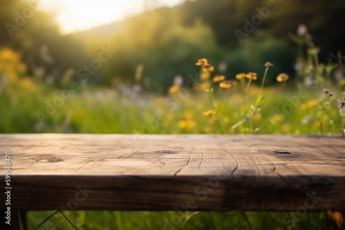 Empty wooden table in a meadow. generative AI