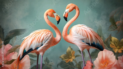 Two flamingos in love on the background of flowers in pastel color. Generative ai illustration