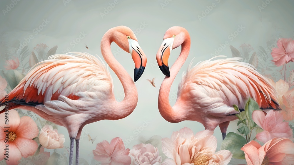 Naklejka premium Two flamingos in love on a background of flowers and plants. Generative ai illustration