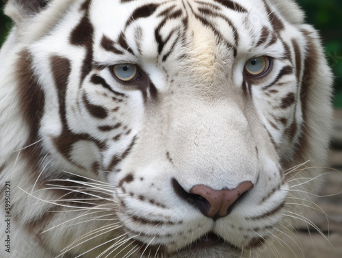 Extreme close-up view of a white bengal tiger. Generative AI