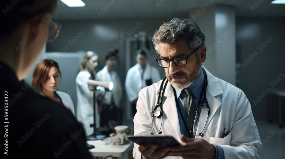 A doctor intently reviewing a patient's electronic health records. Generative AI A doctor intently reviewing a patient's electronic health records. Generative AI